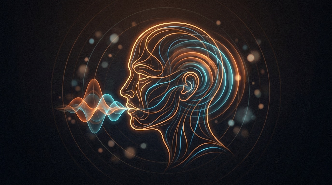 Line-art head with voice waves curving back to the ear