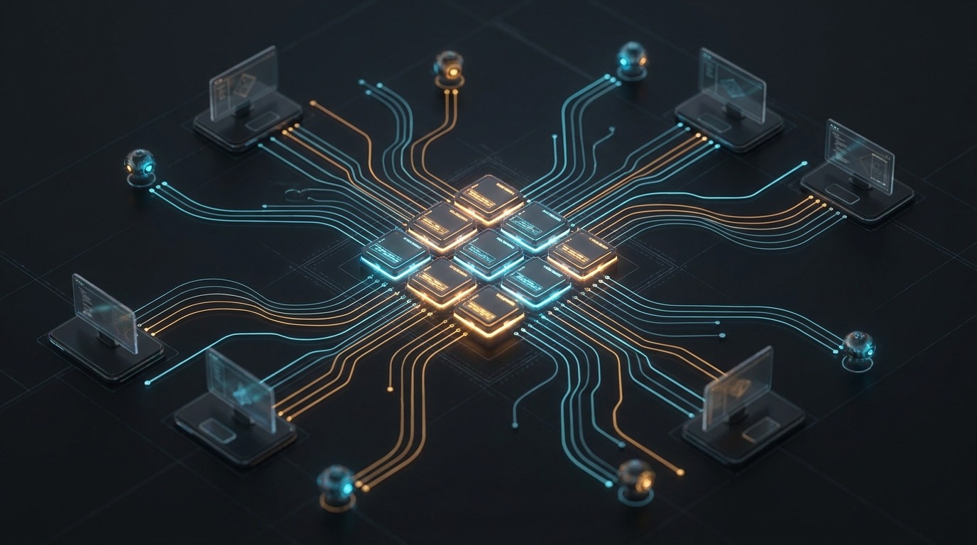 A modular grid of glowing skill plugins wired out to every engineer's workstation